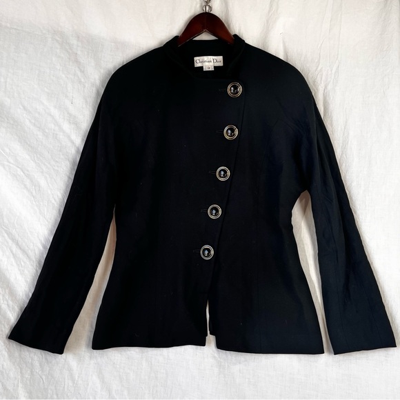 Christian Dior Vintage Jacket Womens 12 Black Big Buttons Long Coat USA Made Top - Picture 1 of 16
